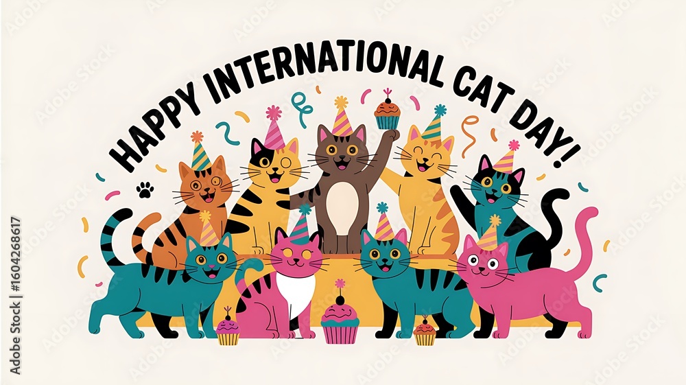 Naklejka premium Festive felines celebrating international cat day cats celebration