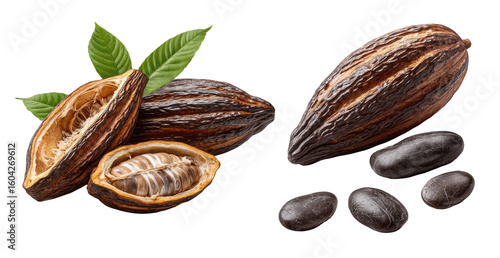 Dark cacao pods and beans.  Two opened cacao pods,  dark brown,  show inner bean pods.  Fresh green leaves.  Scattered dark beans.  High contrast
