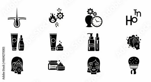 Acne Causes & Skincare Routine Icon Set – Inflammation, Hormonal Triggers, Topical Treatments, Hygiene Practices Vector Illustration


