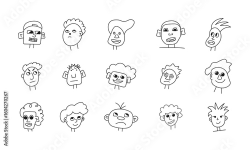 Set of male, doy character avatars, heads, faces doodle, line art