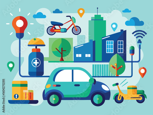 Smart urban transport vehicles and city buildings scooter electric vehicle