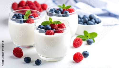 Wallpaper Mural Delicious yogurt parfait glasses with fresh raspberries and blueberries on a pristine white Torontodigital.ca