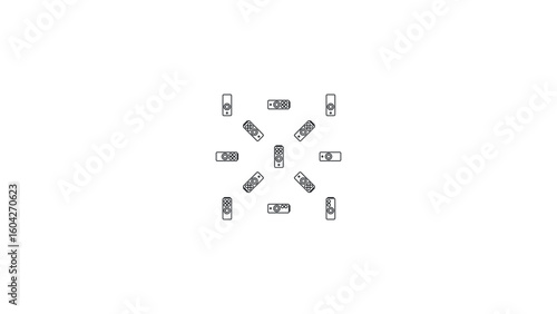 Modern remote controls arranged in a circular pattern, perfect for technology interfaces and user experience design, clean and minimal