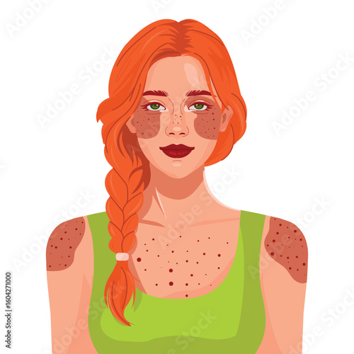 Vector portrait of a red-haired woman with sunburned skin. Honest representation of sun exposure. Useful for skincare, health, travel, and summer awareness topics.