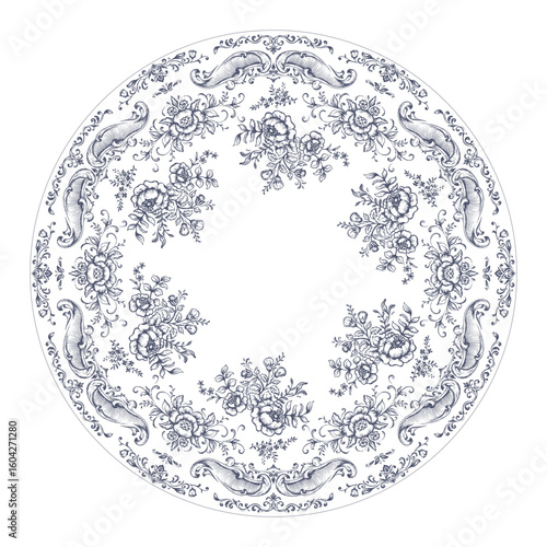Vintage vector round composition a lot of floral elements, ornamental details. Retro Victorian style
