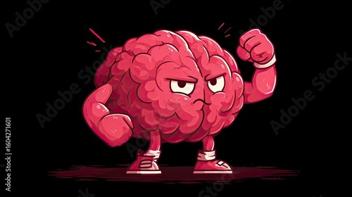 Brain with biceps concept, strong mind illustration, mental strength idea, intelligence power, smart muscle design art
