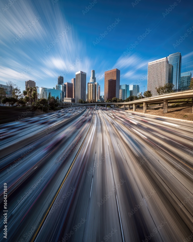Fototapeta premium City highway, blurred motion, LA skyline