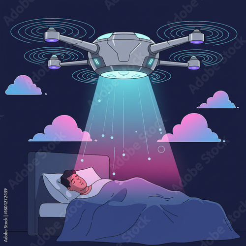 Vector illustration of a drone displaying dreams on a young man in deep sleep.