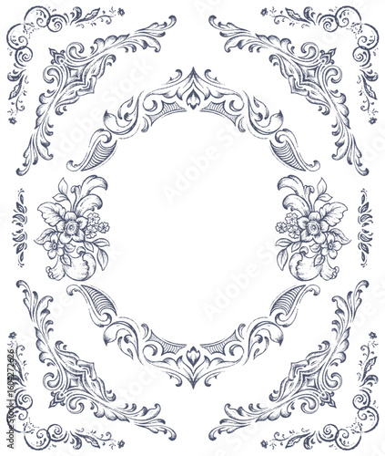 Vintage vector frame with a lot of floral elements, dividers, corners. Retro Victorian style.
