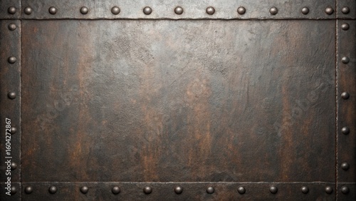 A closeup of a rusted metal sheet with rivets forming a border around the edges