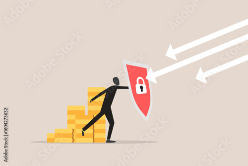 Businessman holding shield to protect from arrow attacking financial security. concept of Financial security, money loss or wealth protection, defense from cyber attack or economic recession