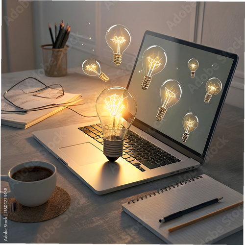 laptop glowing with lightbulbs remote creativit