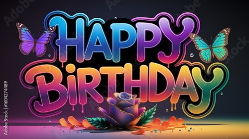 Vibrant Graffiti Style Happy Birthday Design with Butterflies