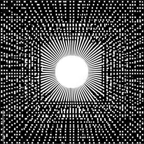 Black and white optical illusion with radiating lines and grid pattern in a square format design
