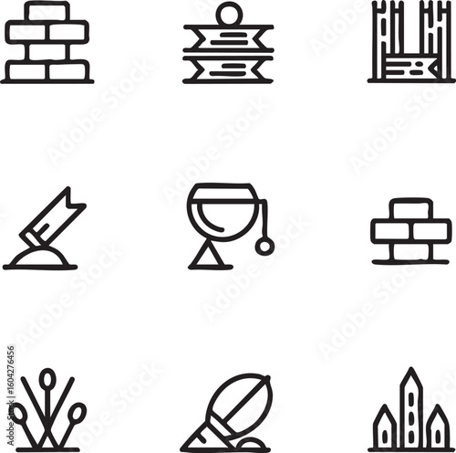Alchemy and architecture vector icon set adjustable line weight,editable stroke,outline icon set brick wall,alchemical symbol,columns,spotlight,distilling apparatus,candles,elixir,cathedral