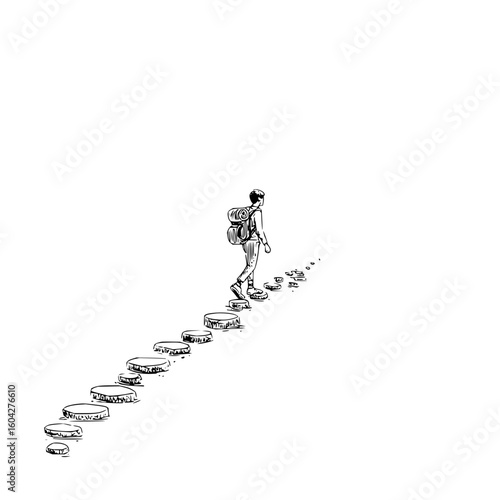 A lone traveler with a backpack walking up a path of stepping stones in a minimalist black and white sketch