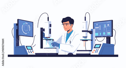 Scientist meticulously conducting advanced research with sophisticated laboratory equipment and digital displays