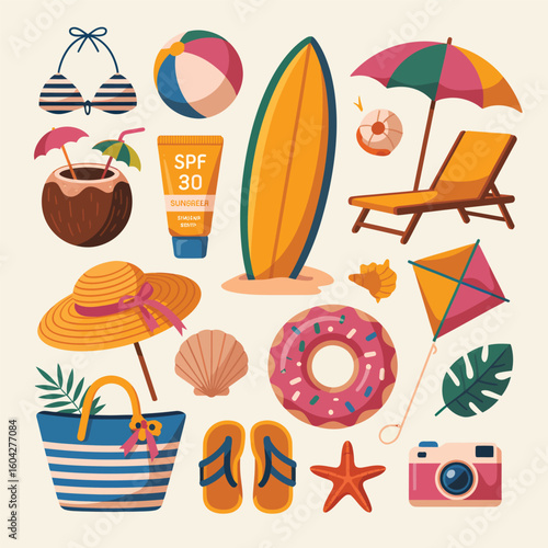 Flat Vector Illustration Vibrant Summer Beach Vacation Essentials Collection Colorful Sun Hat Sunglasses Bikini Surfboard Beach Chair