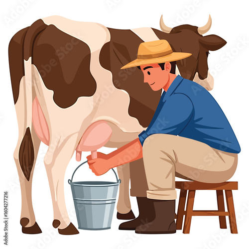 A farmer traditionally milking a cow by hand for fresh, natural dairy milk.