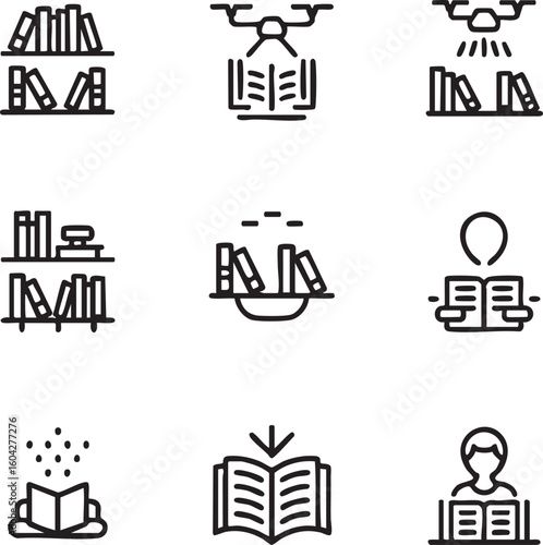 Books and reading vector icon set line style,editable stroke bookshelf,drone delivery,reading person,online library,download,bowl of books,open book,knowledge