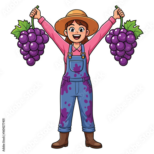 Joyful Farmer Harvesting Ripe Purple Grapes