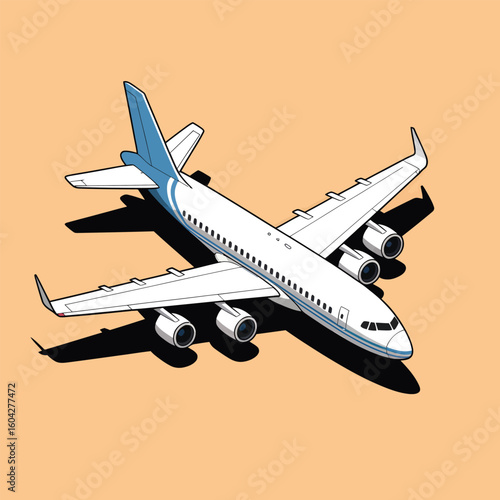 Isometric Vector Illustration of a White and Light Blue Passenger Airplane on a Peach Background with a Shadow