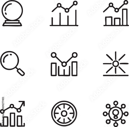 Business analytics vector icon set outline style,adjustable line weight crystal ball,search,graph,chart,diagram,target,seo,growth,connection,statistic,data analysis icon set