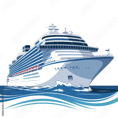 Large White Cruise Ship Sailing on Blue Ocean Waves Detailed Illustration of a Modern Passenger Vessel with Blue Decks and Red Lifeboats Ocean