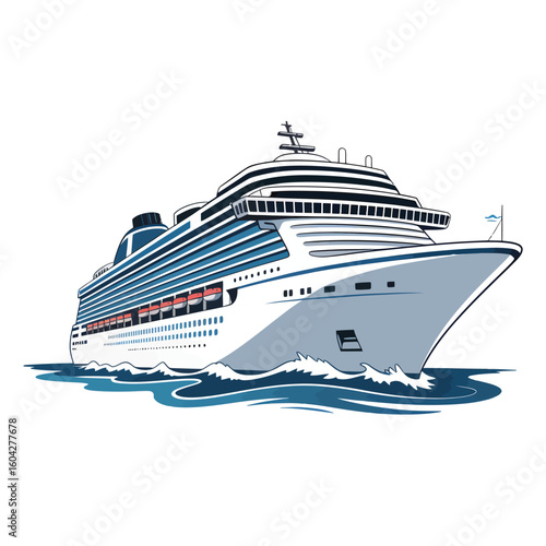 Large White Cruise Ship with Blue Decks Sailing on Calm Ocean Waters Vector Illustration