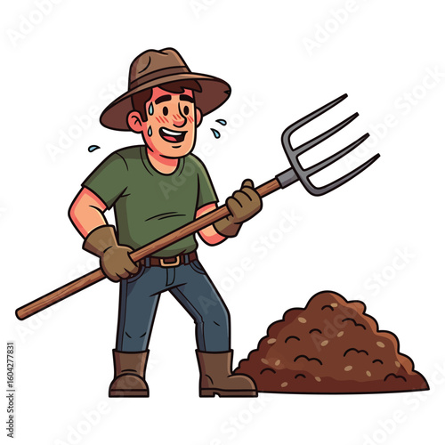 Dedicated Farmer Working Hard in the Field with Pitchfork, Cultivating Soil