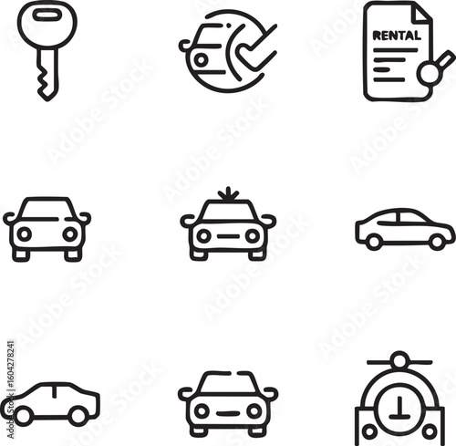 Car rental vector icon set editable stroke car key,car check,rental agreement,car repair,taxi,taxi stand,car front view,car side view,car with luggage,icon set