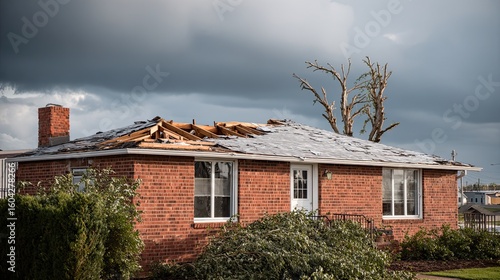 Damaged roof during thunderstorm rain, natural disaster, weather emergency, home destruction, storm damage, danger