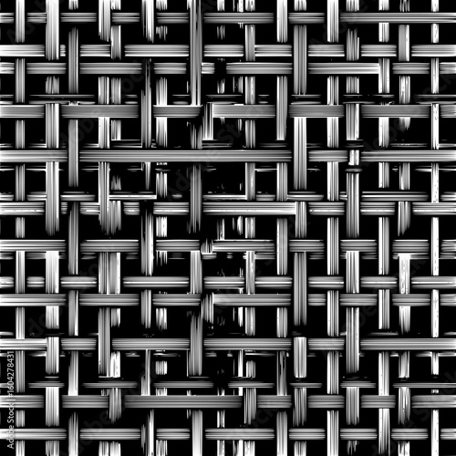 Interwoven white lines creating a textured pattern on a black background forming a complex design