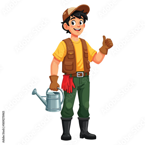 Smiling young gardener cartoon character with watering can giving a thumbs up