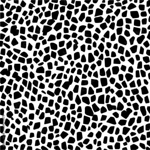 Black and white seamless pattern featuring organic shapes resembling animal print or cobblestone texture