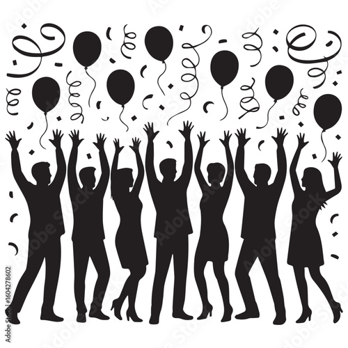 Silhouetted group of people celebrating with balloons and confetti falling downward