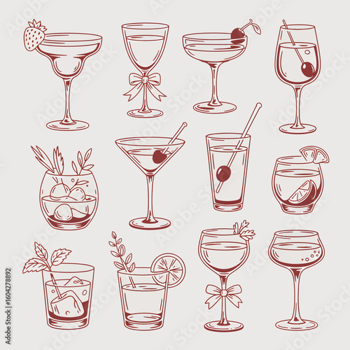 Twelve Red Monochrome Hand Drawn Cocktail Glass Illustrations Featuring Various Drinks Garnishes and Styles Martini Glass Margarita Glass Wine