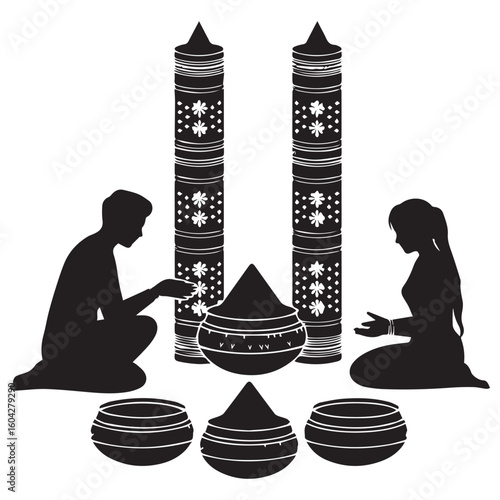 Silhouette of two people engaged in a ritualistic ceremony with ornate pillars and patterned vessels