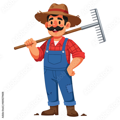 Friendly cartoon farmer character with a rake representing a rural lifestyle.