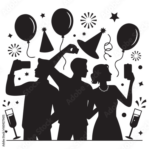 Silhouettes of friends celebrating a festive occasion with balloons party hats and champagne glasses in a dynamic composition