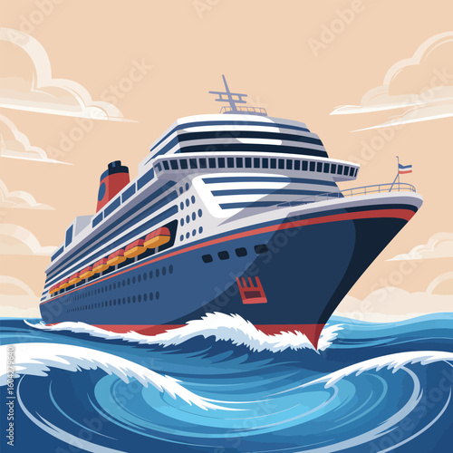 A Vector Illustration of a Large Blue and White Cruise Ship Sailing on a Blue Ocean Under a Pale Orange Sky with Clouds a 2 D Vector Style Graphic