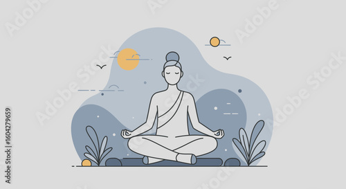 Serene figure meditating peacefully amidst abstract natural elements and soft sunlight