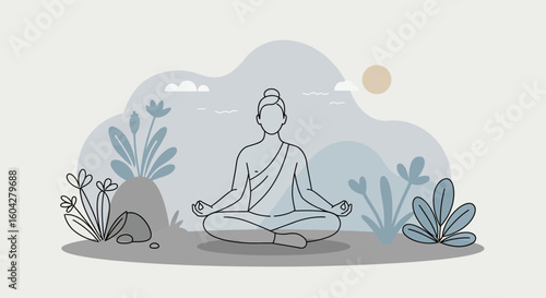 Serene figure meditating peacefully amidst a calming natural landscape