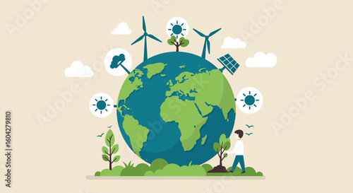 Man plants tree near planet with renewable energy symbols, symbolizing eco-friendly future.