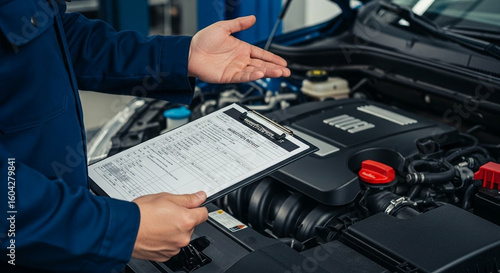 Wallpaper Mural Mechanic explaining car repair details on a clipboard Torontodigital.ca