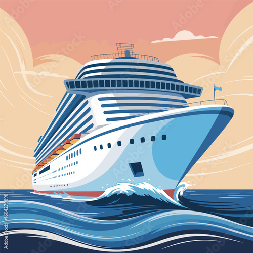 A Vector Style 2 D Illustration of a Large White and Blue Cruise Ship Sailing on a Calm Ocean Under a Pastel Orange and Yellow Sky with