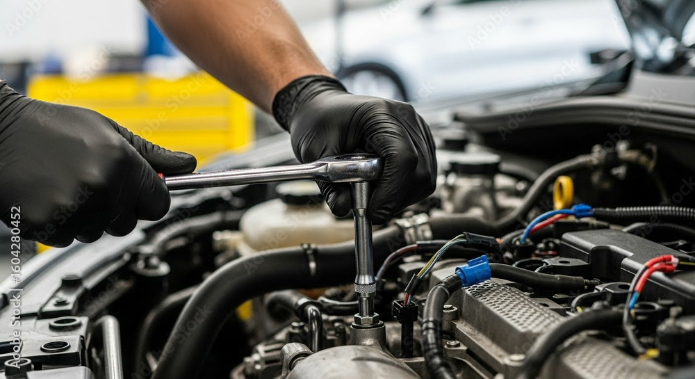 Mechanic s hands tightening bolt on car engine with wrench Mechanic s hands tightening bolt on car engine with wrench