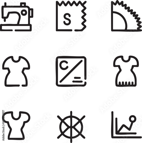 Fashion and industry vector icon set hand drawn style sewing machine,clothing design,fabric sample,color percentage,graph,wheel,sun,dress icon set