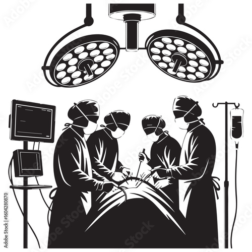 Surgeons in a sterile operating room illuminated by bright overhead lights performing a complex medical procedure