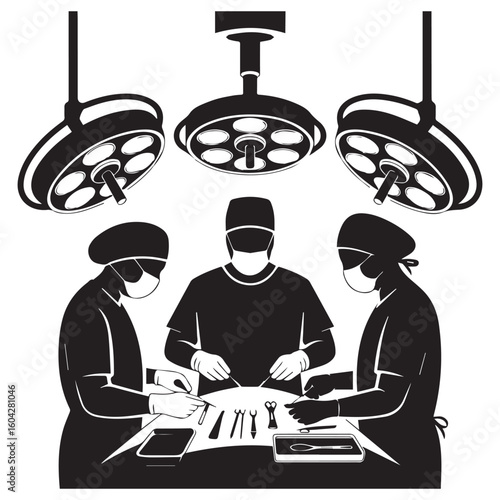 Surgical team focused on procedure under bright operating room lights
